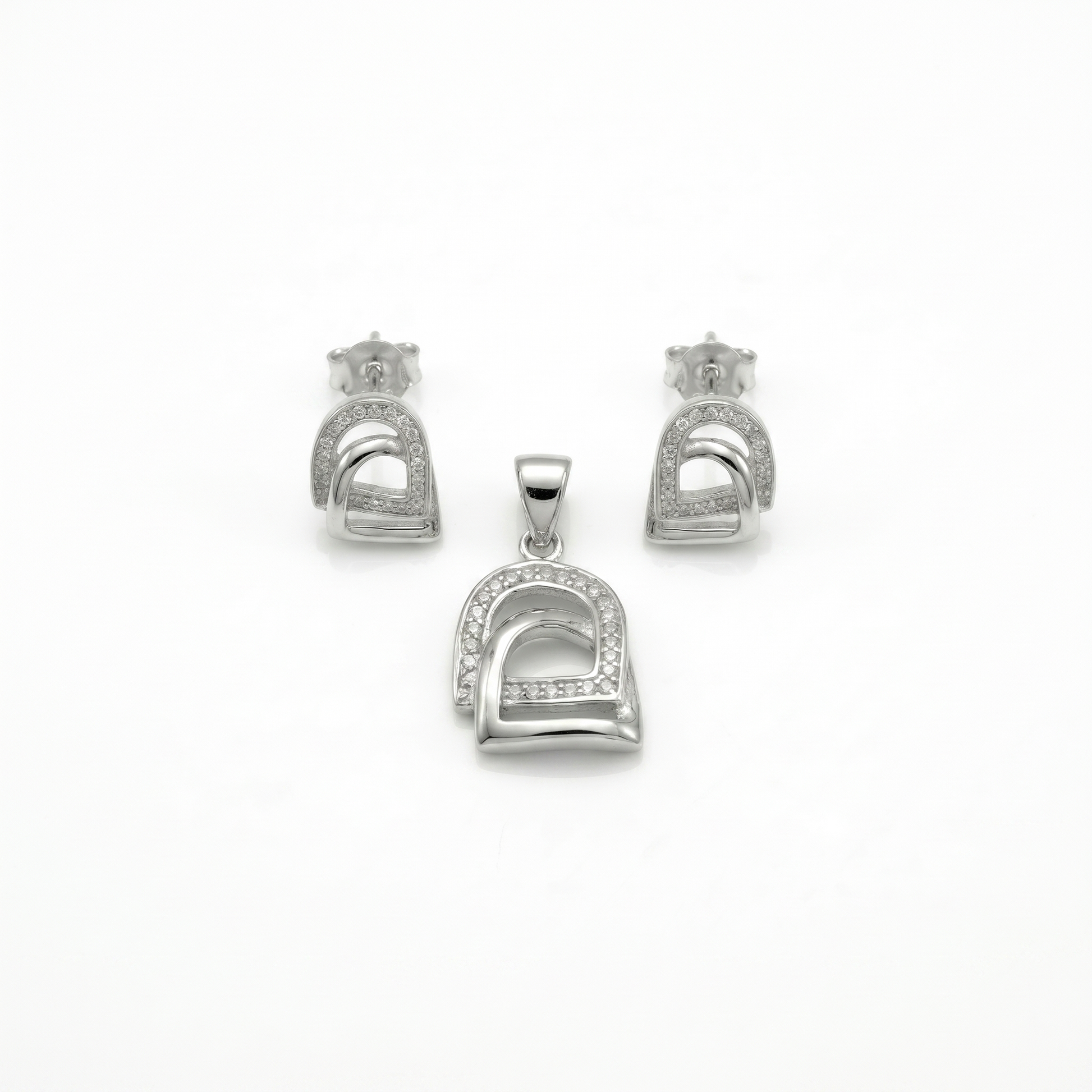 Silvme pure 925 sterling silver minimalist arch pendant and stud earrings set, front view on white background