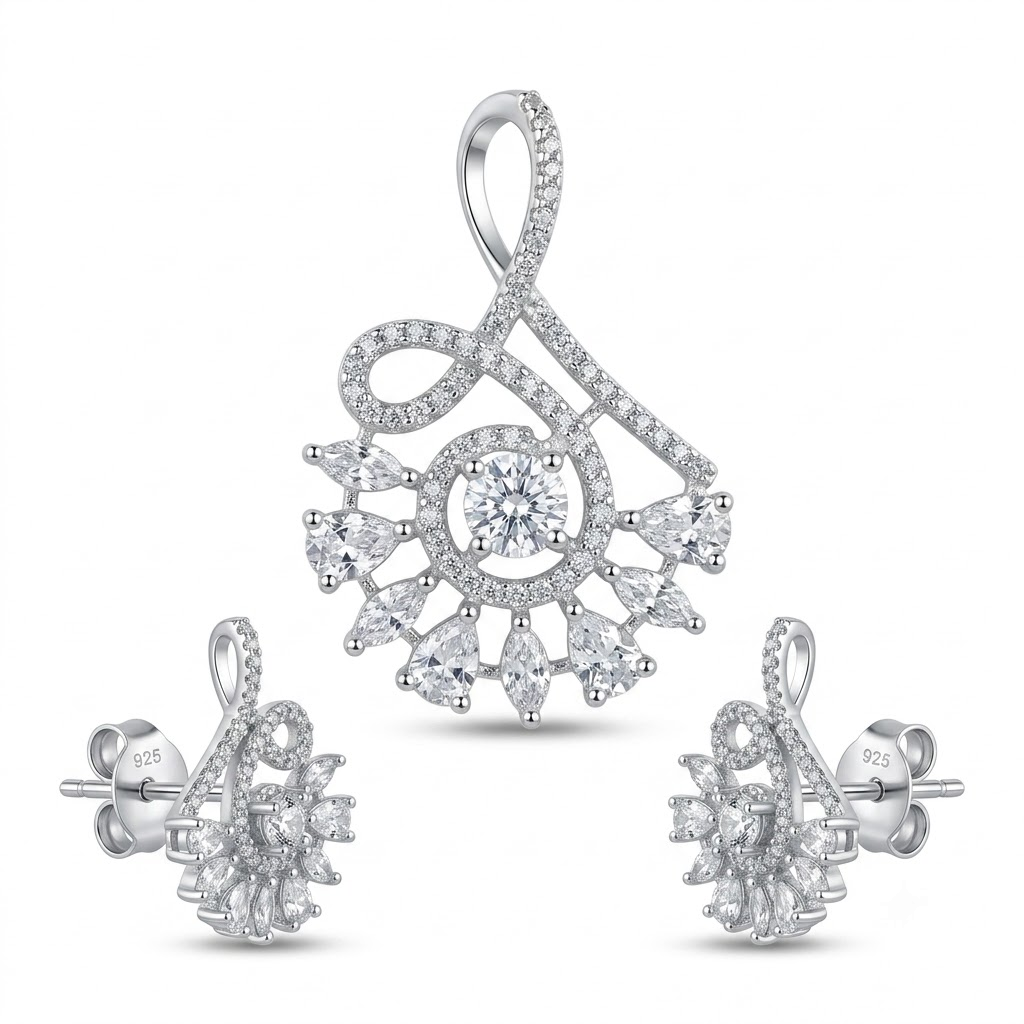 Silvme 925 silver peacock fan pendant and drop earrings with cubic zirconia, matching earrings close-up