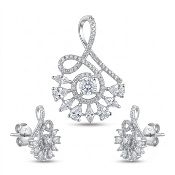 Silvme 925 silver peacock fan pendant and drop earrings with cubic zirconia, matching earrings close-up