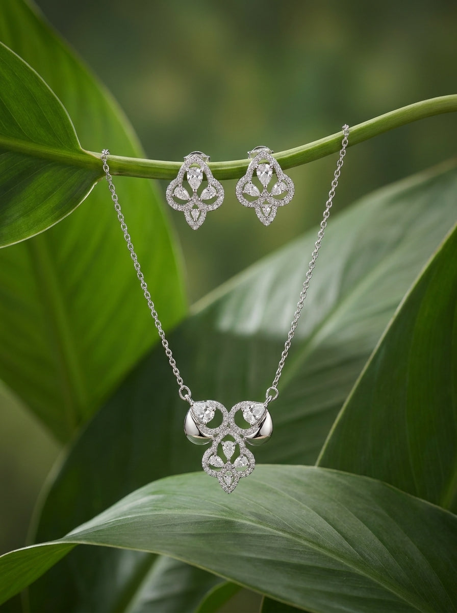 Silvme pure 925 sterling silver ornate petal pendant necklace and stud earrings set with cubic zirconia, matching earrings close-up