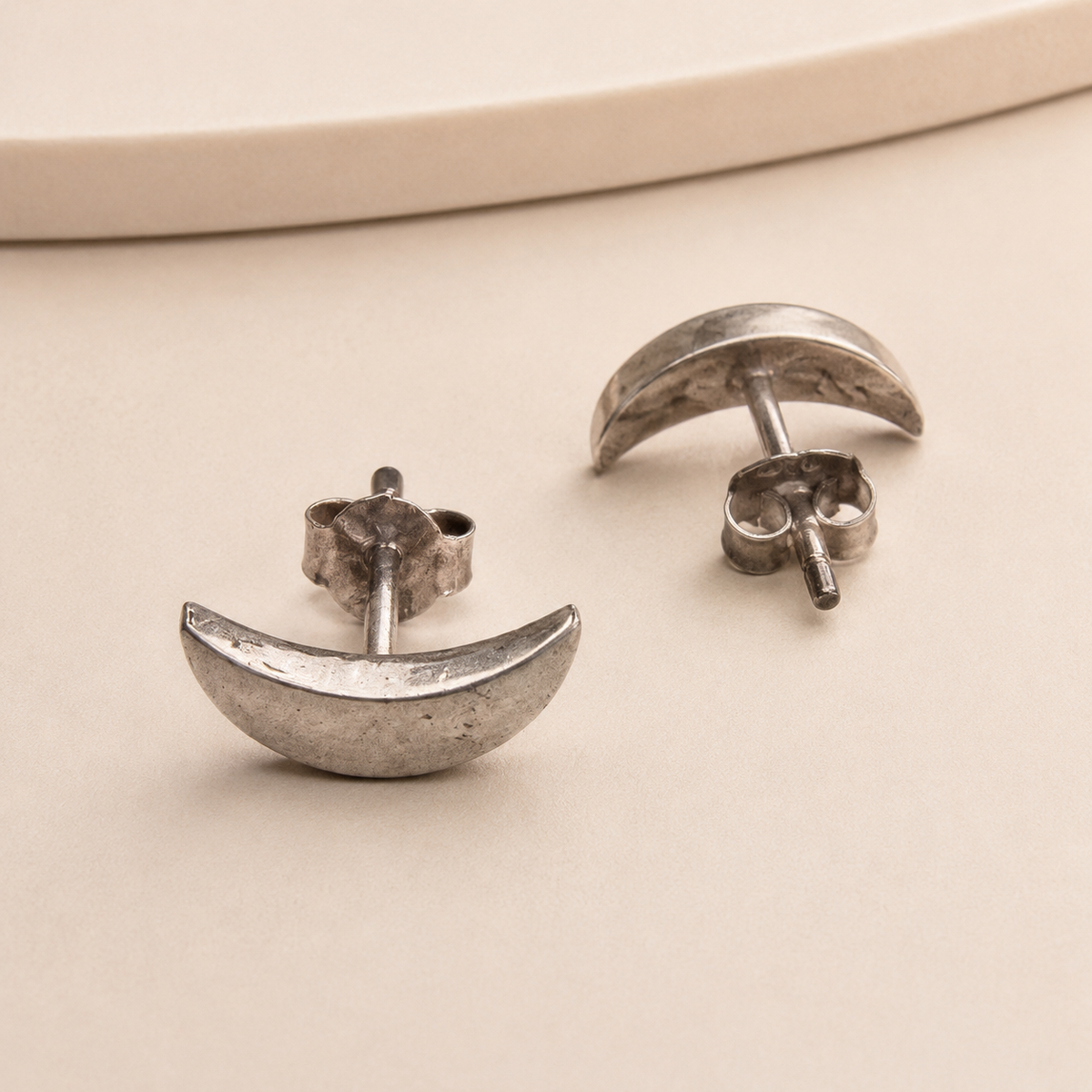 Crescent 925 silver stud earrings for women, casual wear, front and back view