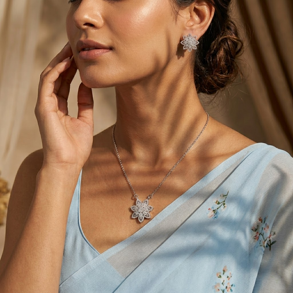 Floral Flower 925 sterling silver pendant necklace and stud earrings jewellery set with cubic zirconia by Silvme â€” angled view
