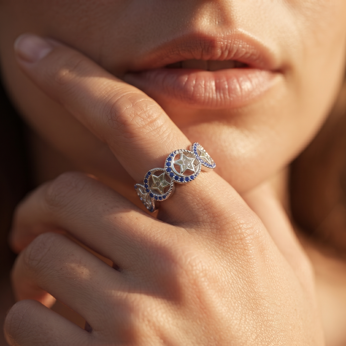 Silvme blue stone link 925 sterling silver ring for women with openwork linked circles set with blue stones