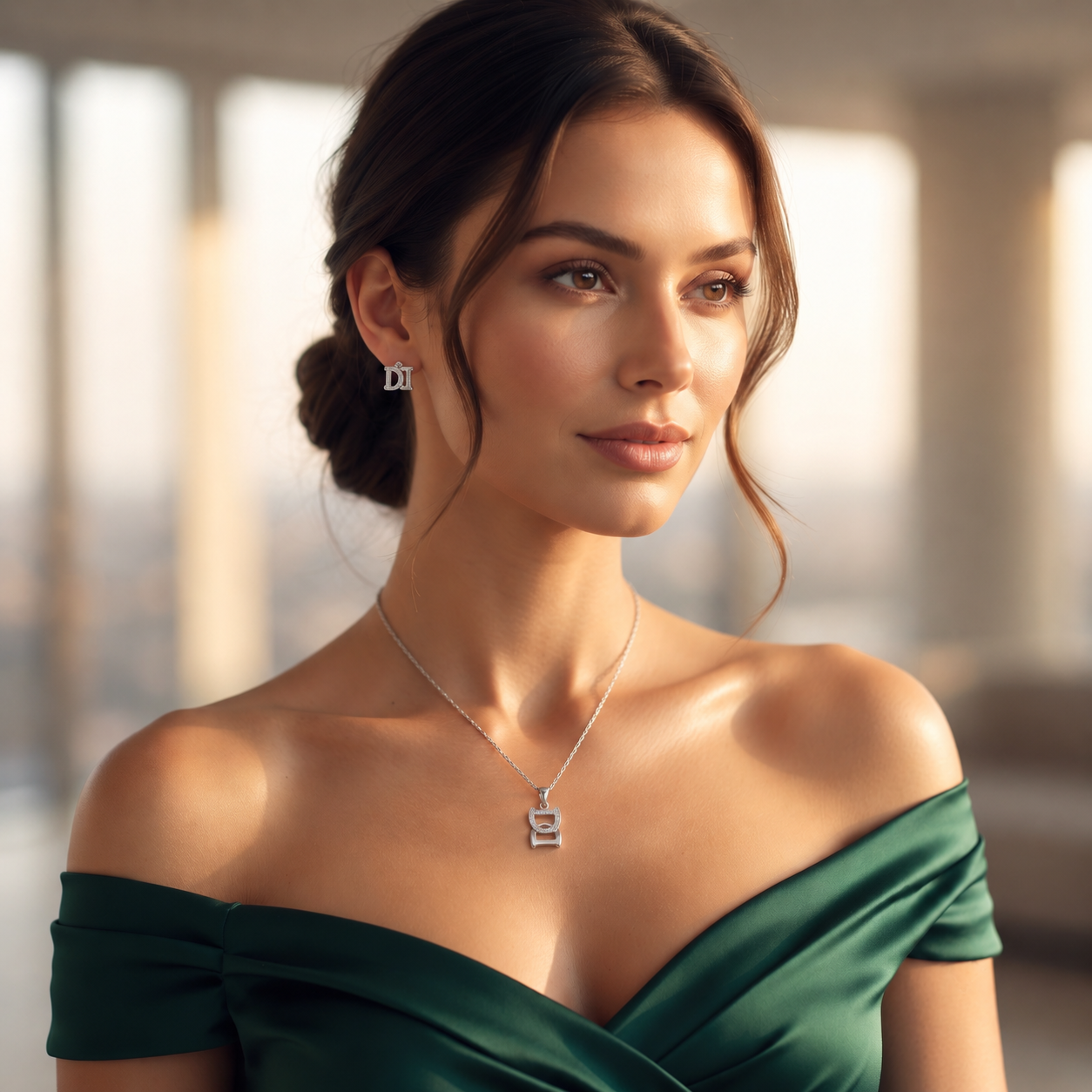 Silvme pure 925 sterling silver initial d pendant necklace and stud earrings set with cubic zirconia, gift styling view