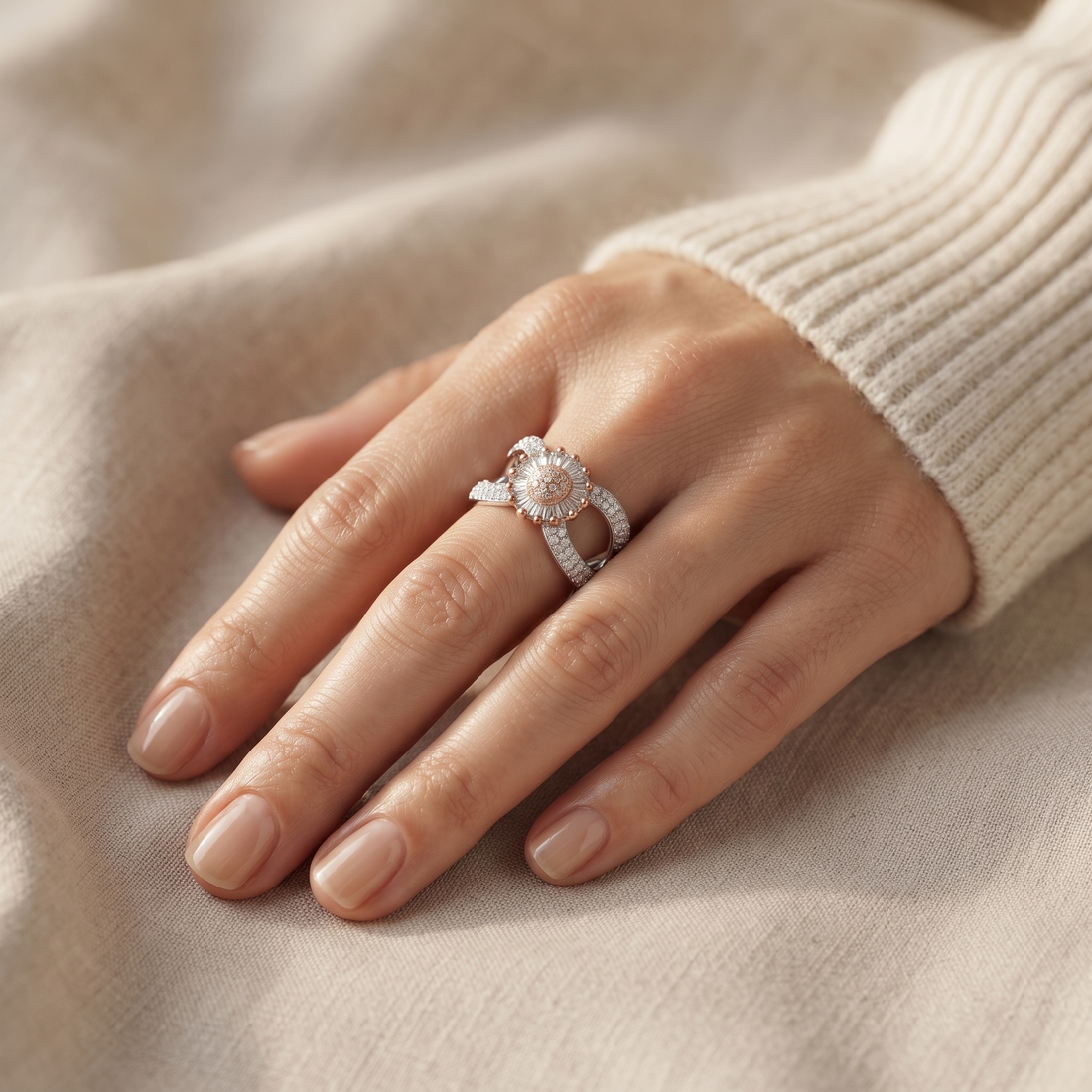 Silvme two-tone floral halo statement 925 sterling silver ring for women with flower centre framed in rose gold-tone sparkle