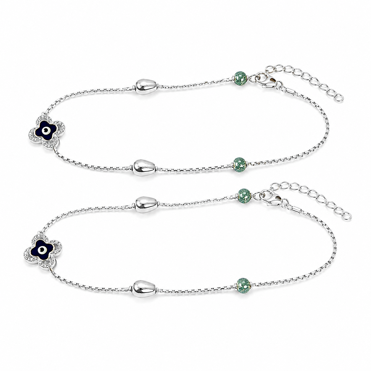 Styled view of the Silvme clover evil eye & green stone 925 sterling silver anklet for women