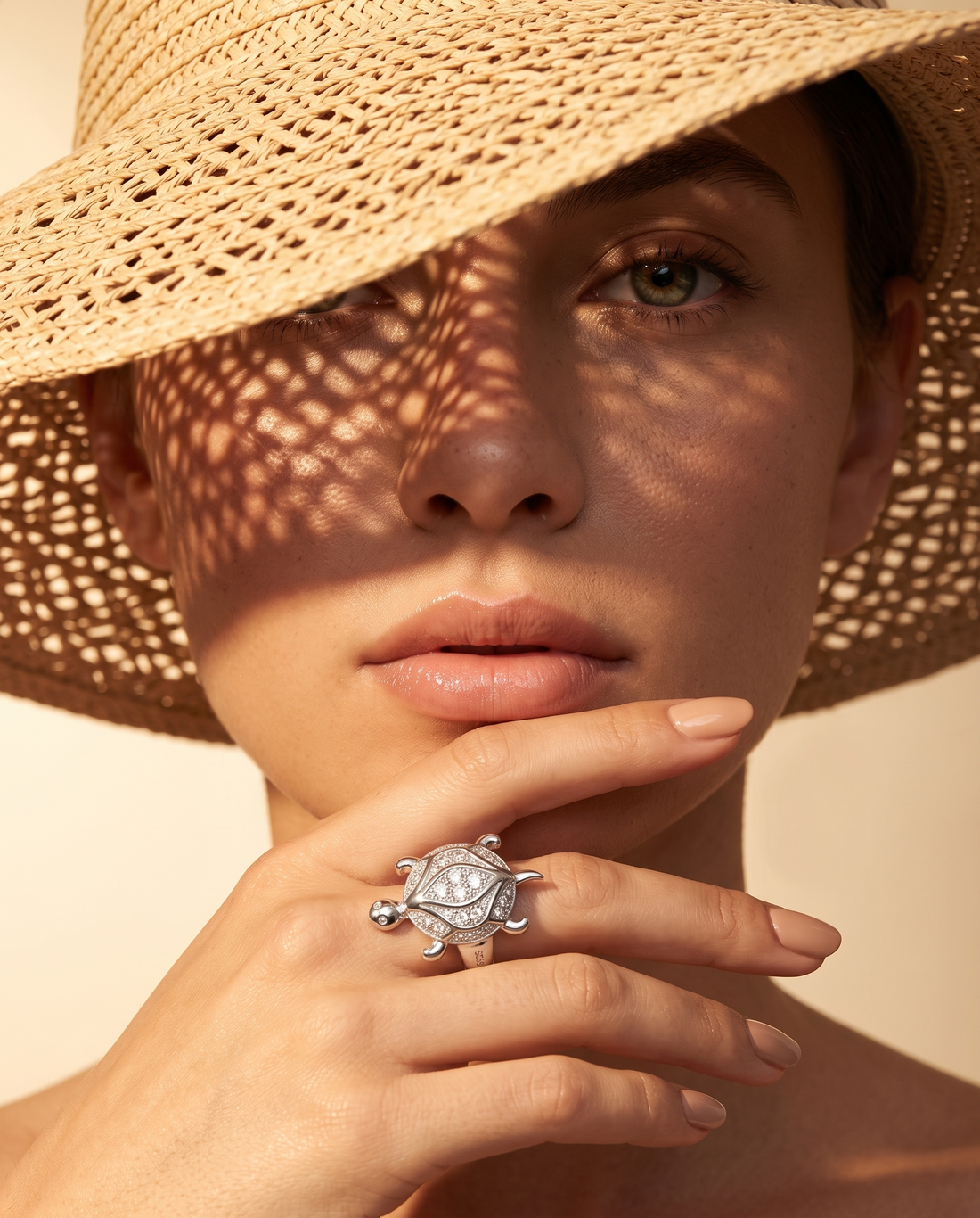 Silvme statement turtle 925 sterling silver ring for women with marquise centre stone inside a full halo shell
