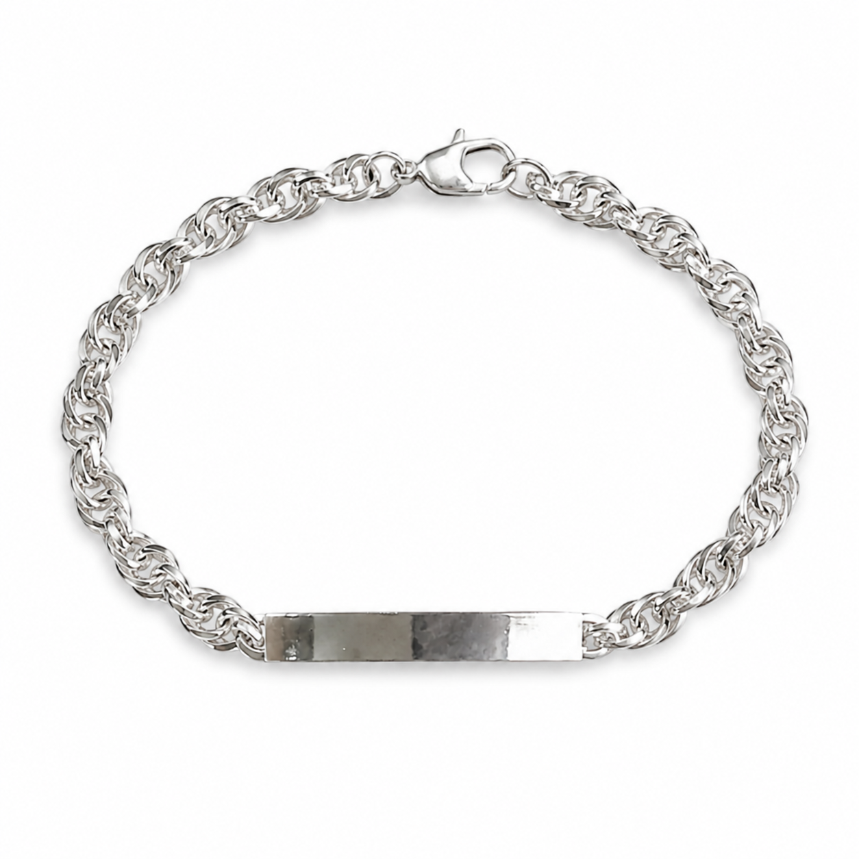 Close-up of a slim engraveable-style plate set into a fine twisted rope chain on the Silvme rope chain id bracelet