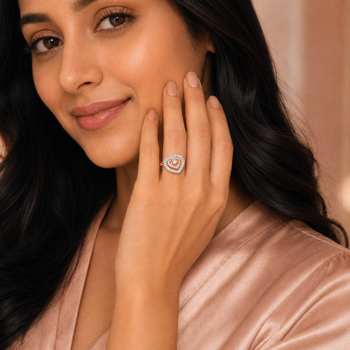 Silvme Heart Halo with cubic zirconia 925 sterling silver heart ring for women, two-tone rose gold and silver, heart shape ring for women, open heart ring, front view