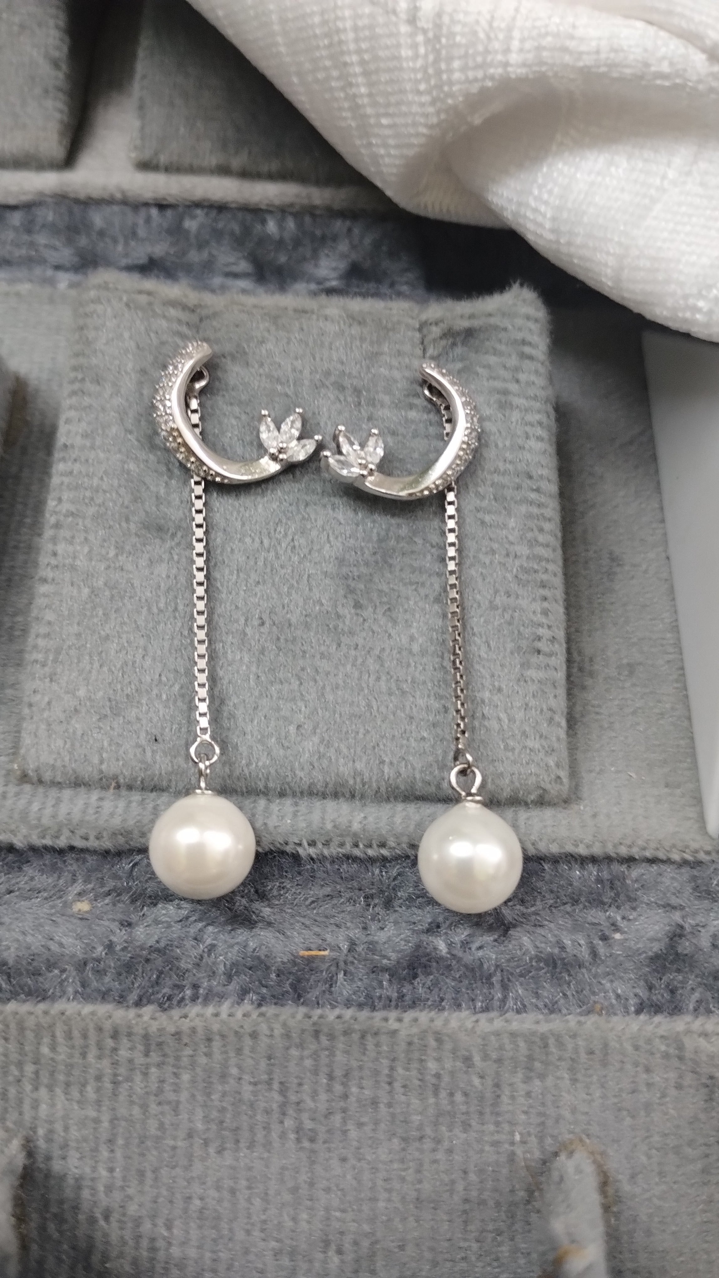 Silvme Pure 925 Sterling Silver Crescent Moon CZ Pearl Drop Earrings — View 2