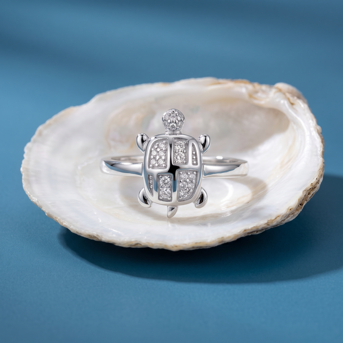 Silvme lucky turtle 925 sterling silver ring for women with pave turtle shell on a slim silver band