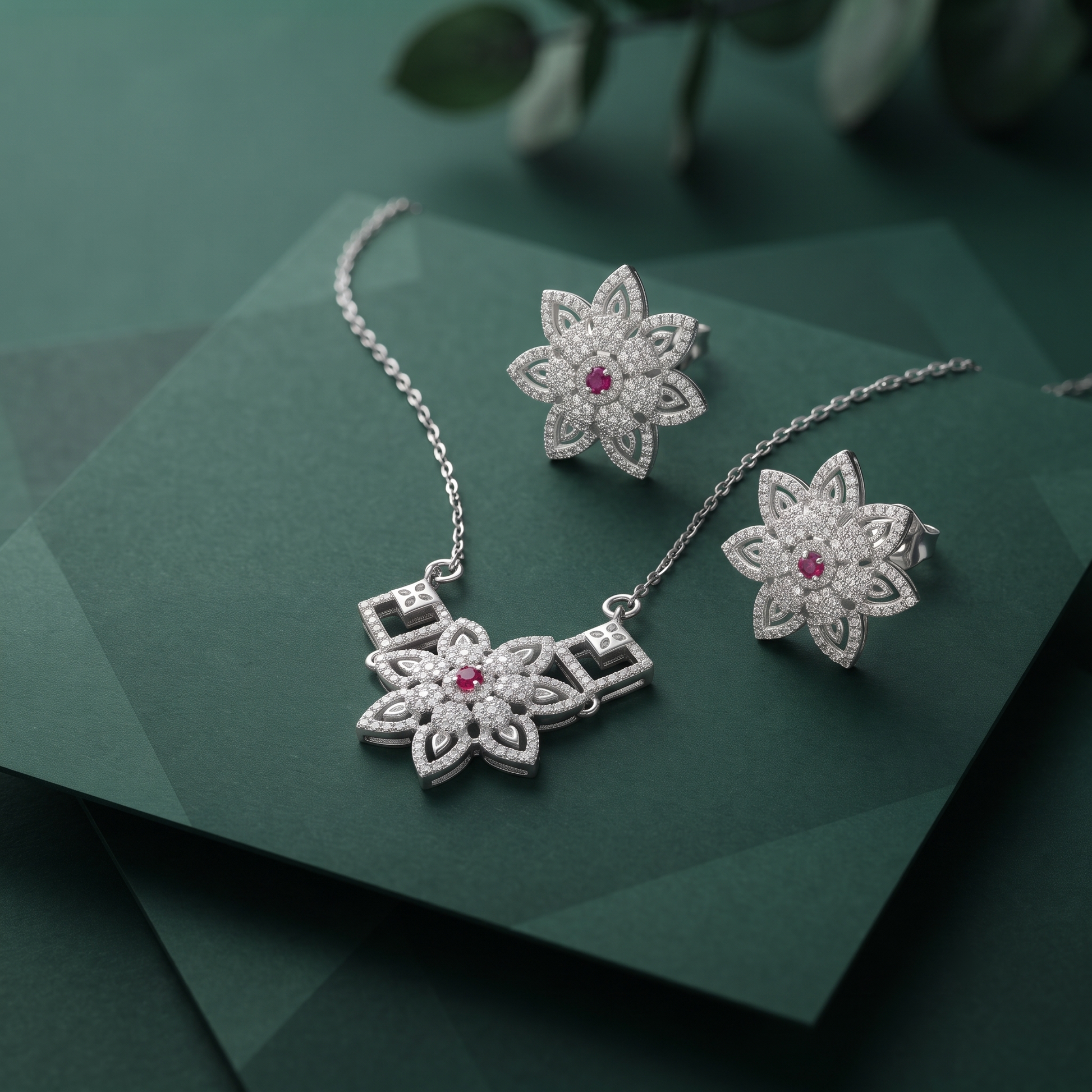 Silvme 925 silver sparkling cubic zirconia pendant necklace and stud earrings with cubic zirconia, side profile view
