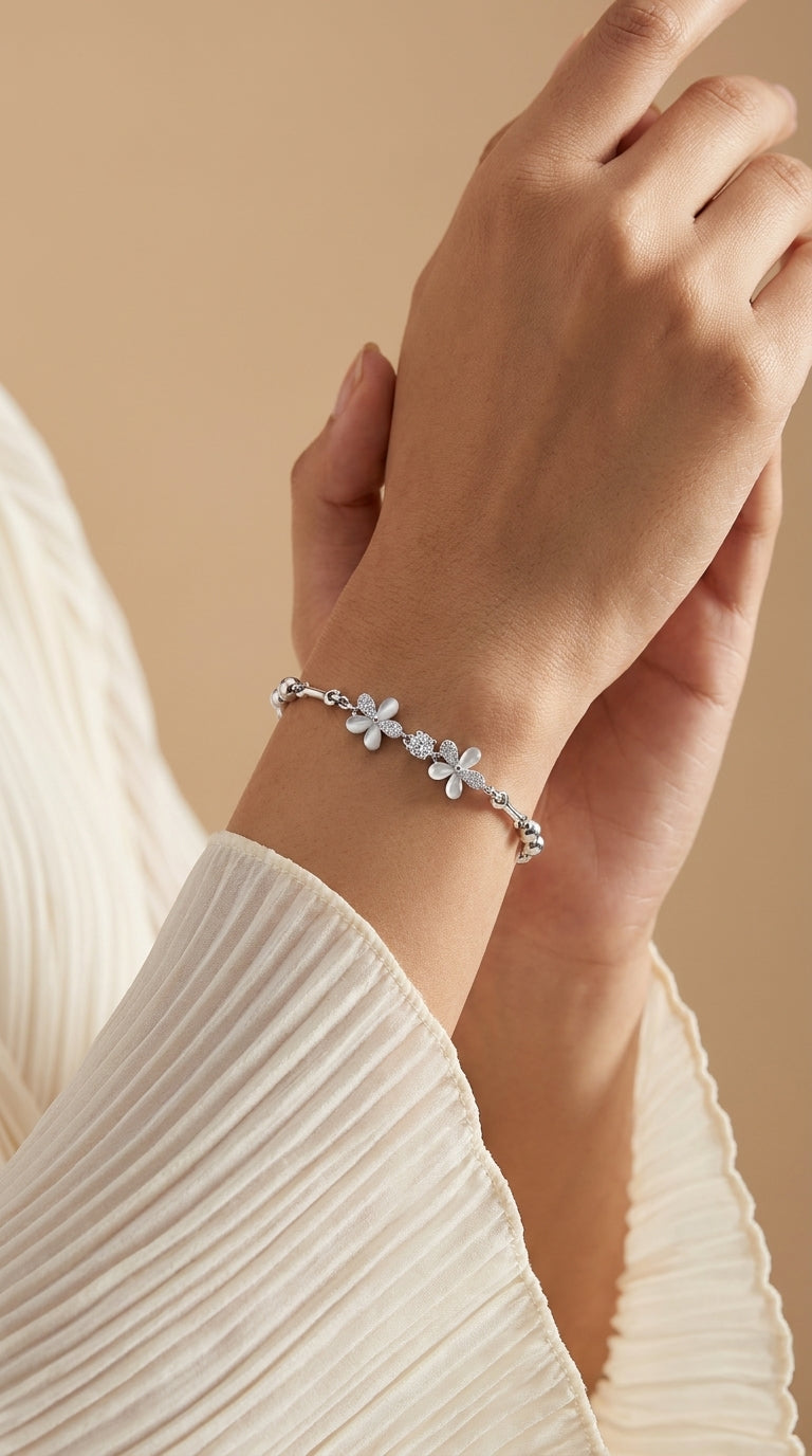 Silvme CZ Floral Bracelet highlighting its cubic zirconia accents in 925 sterling silver, timeless everyday elegance