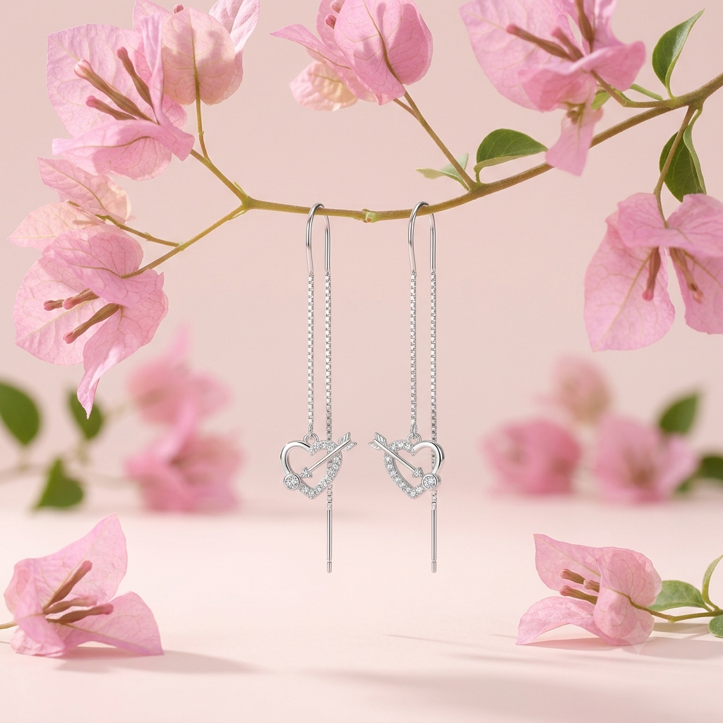 Cupid Arrow Heart Stone-Set Threader Earrings, close-up detail
