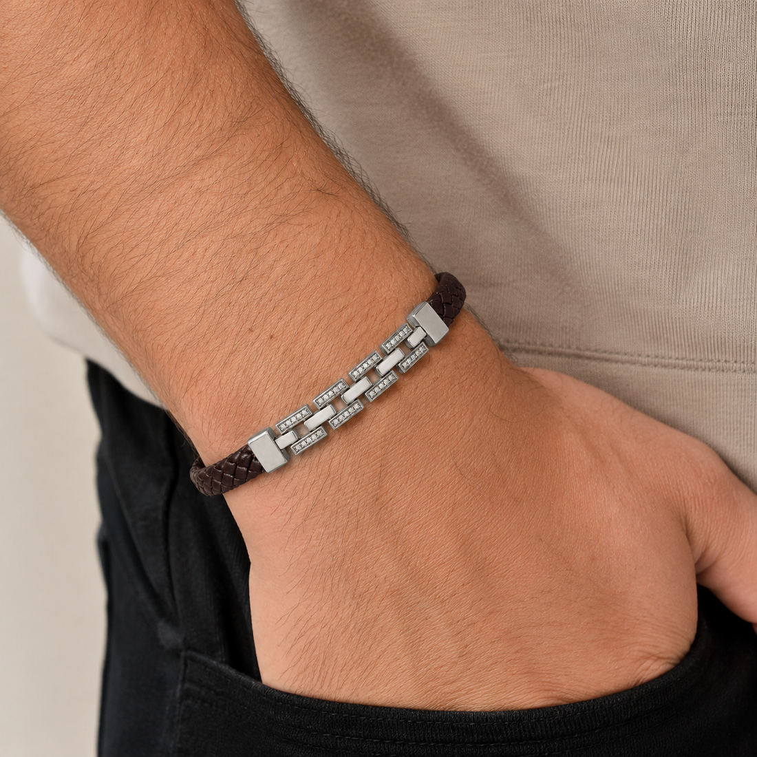 Silvme braided cord bracelet with silver-tone bar for men laid flat on a white background
