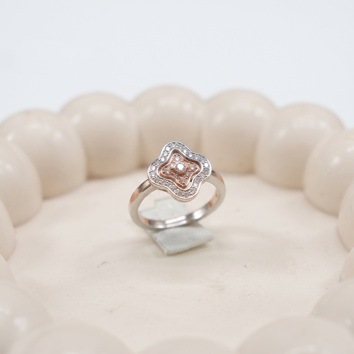 Silvme Flower Stack with cubic zirconia 925 sterling silver floral ring for women, two-tone rose gold and silver, ad ring for women, sparkling stone ring, stacking styling view