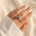 Adjustable free-size purple oval stone halo 925 silver ring for women with a comfortable open band