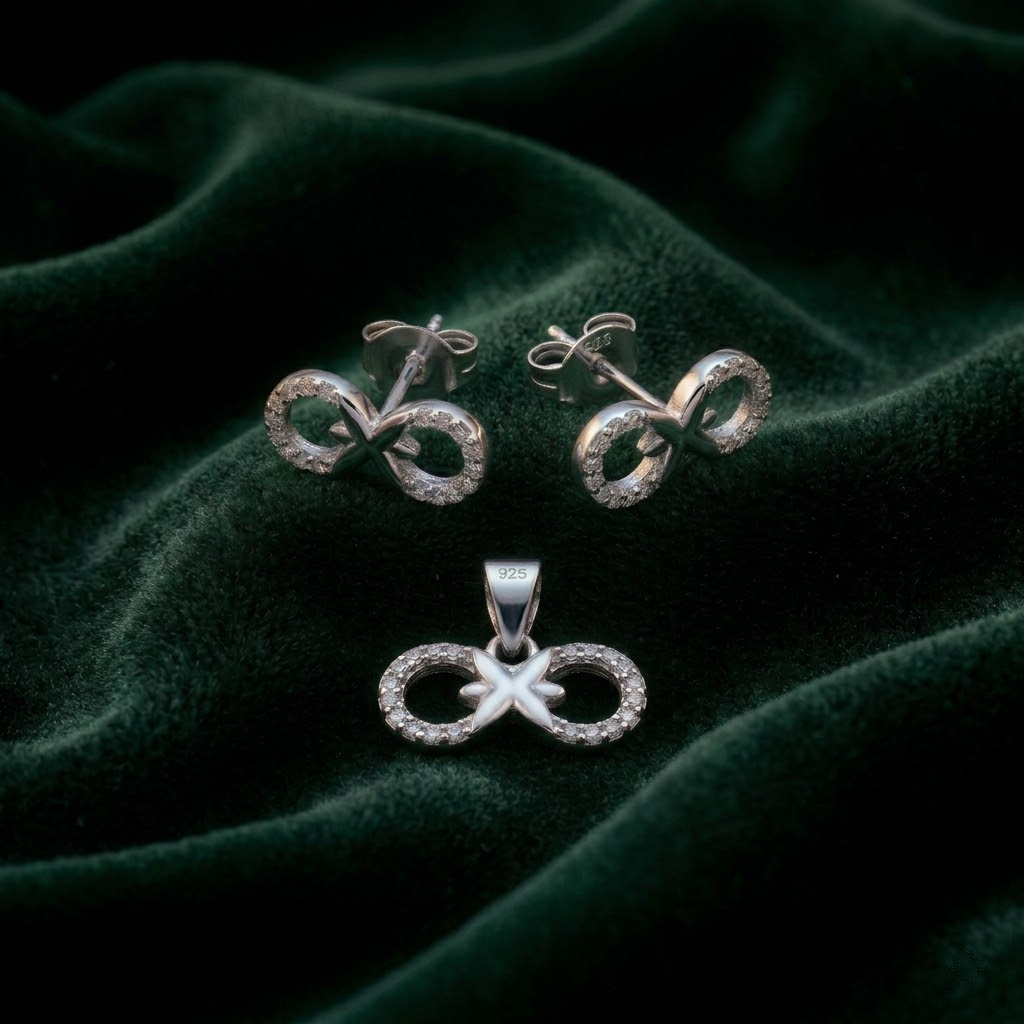 Ribbon Bow 925 sterling silver pendant and stud earrings jewellery set with cubic zirconia by Silvme â€” pendant close-up