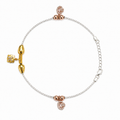 Silvme 925 sterling silver gold & rose-gold charm anklet with gold beads with floral and rose-gold CZ charms, white background full view