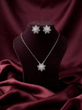 Silvme pure 925 sterling silver floral flower pendant necklace and stud earrings set with cubic zirconia, matching earrings close-up