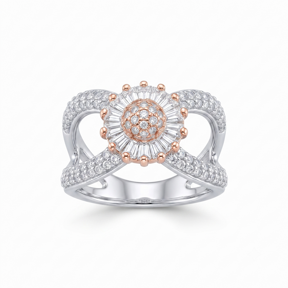 Silvme two-tone floral halo statement 925 sterling silver ring for women with flower centre framed in rose gold-tone sparkle