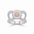 Silvme two-tone floral halo statement 925 sterling silver ring for women with flower centre framed in rose gold-tone sparkle