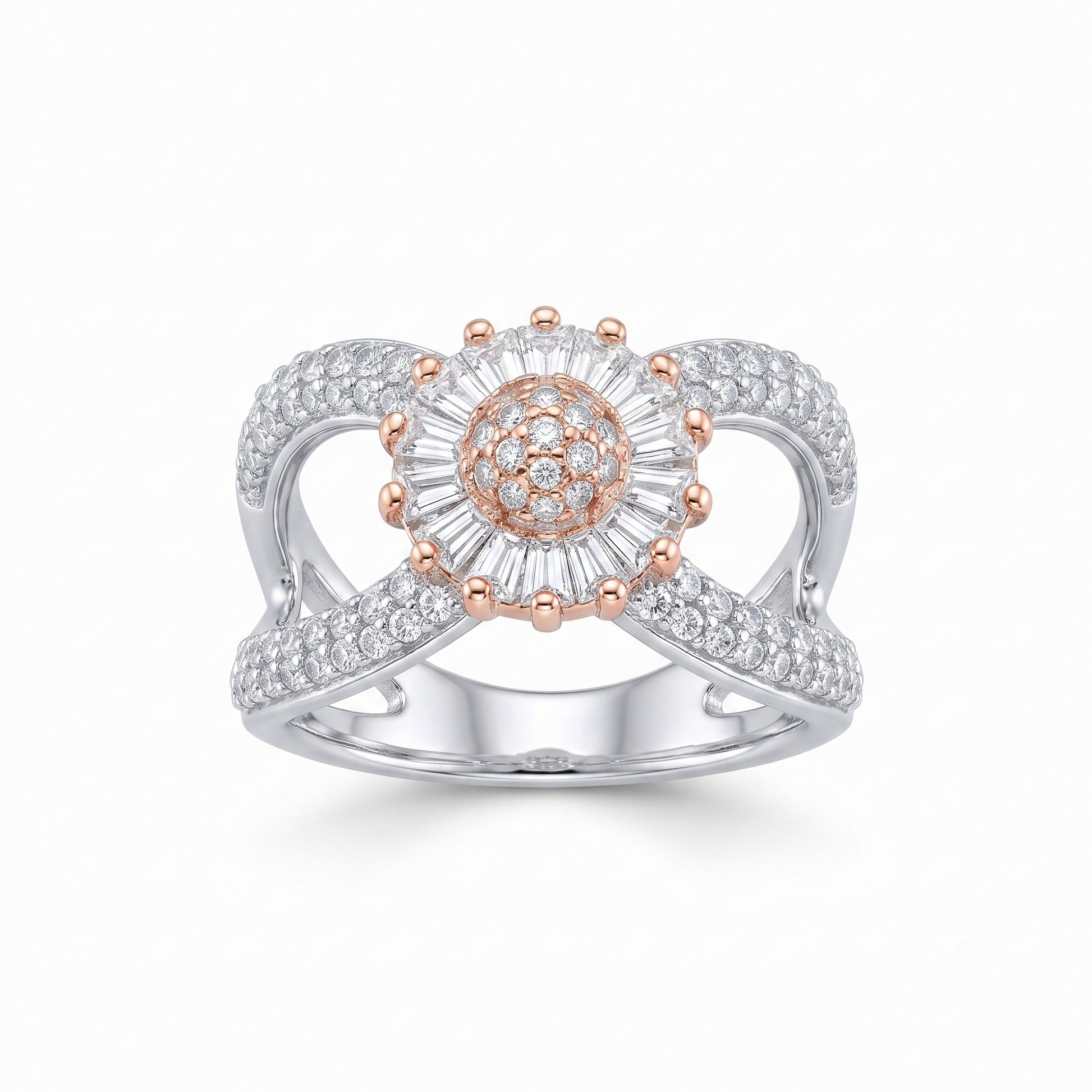 Silvme two-tone floral halo statement 925 sterling silver ring for women with flower centre framed in rose gold-tone sparkle
