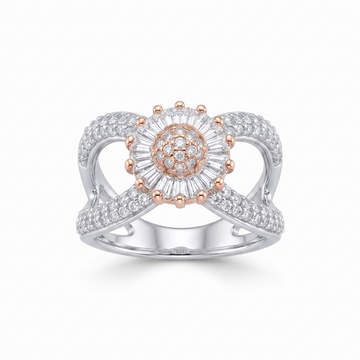 Silvme two-tone floral halo statement 925 sterling silver ring for women with flower centre framed in rose gold-tone sparkle
