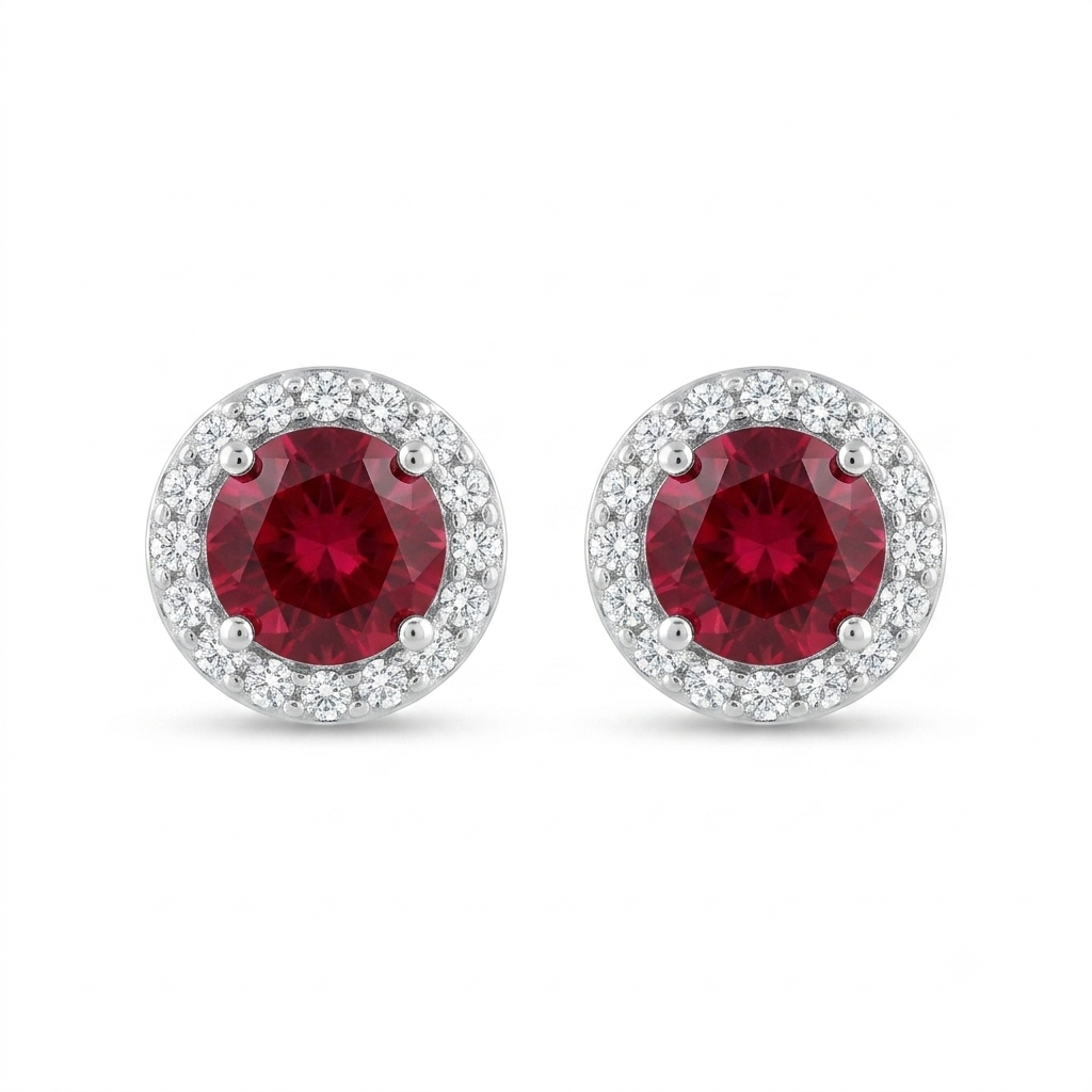 Red Round Halo Stud Earrings, front product view