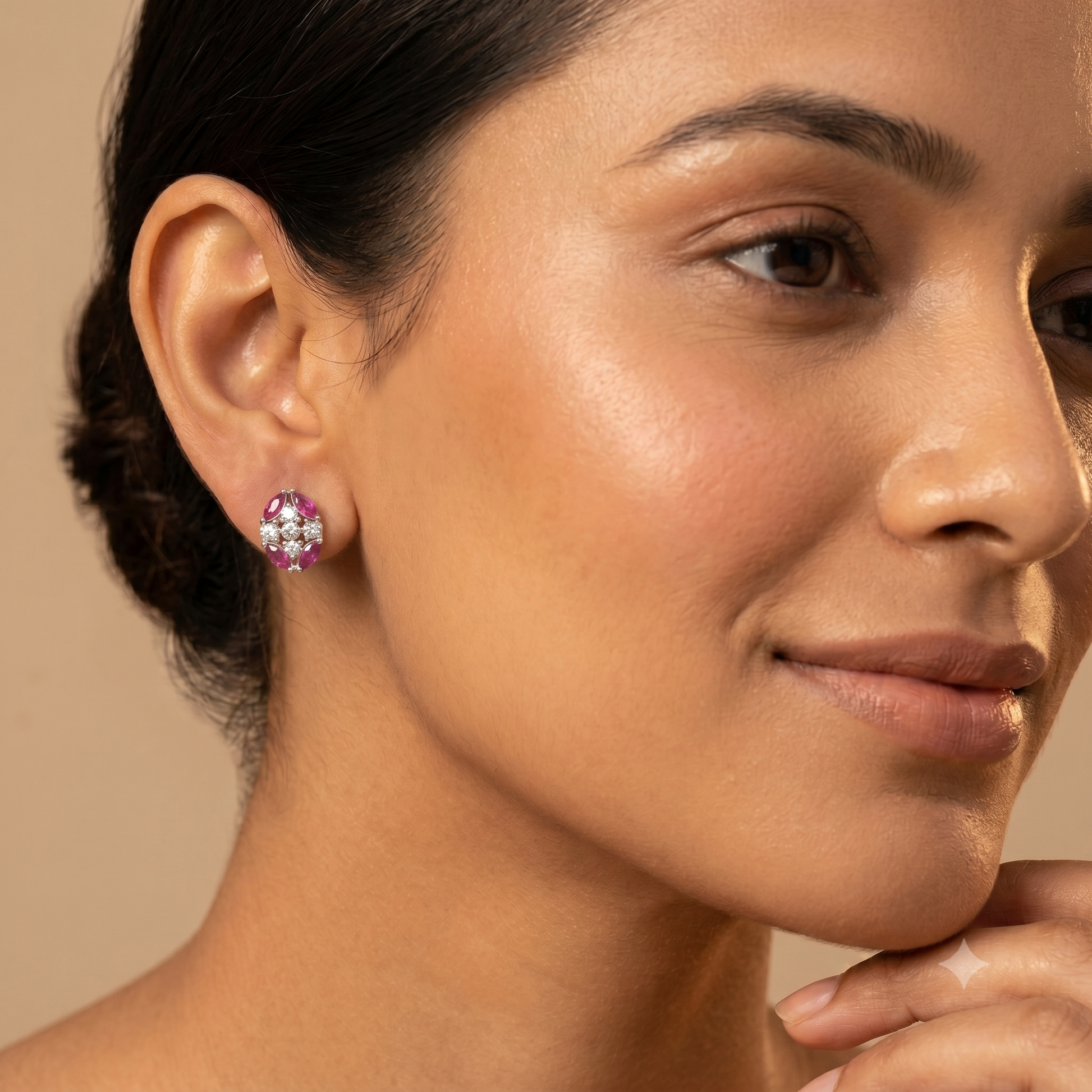 Pink Oval Floral Stone-Set Stud Earrings, additional product view 4