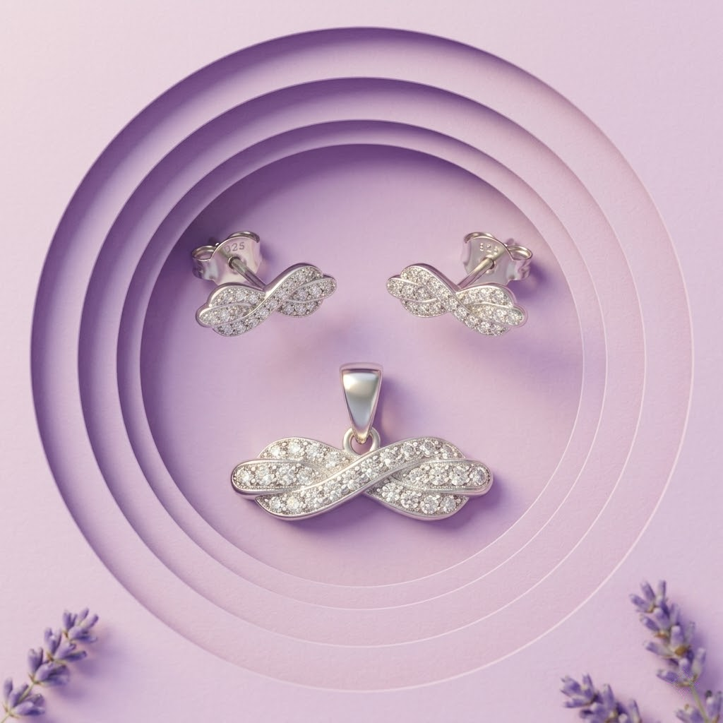 Silvme pure 925 sterling silver twisted infinity pendant and stud earrings set with cubic zirconia, side profile view