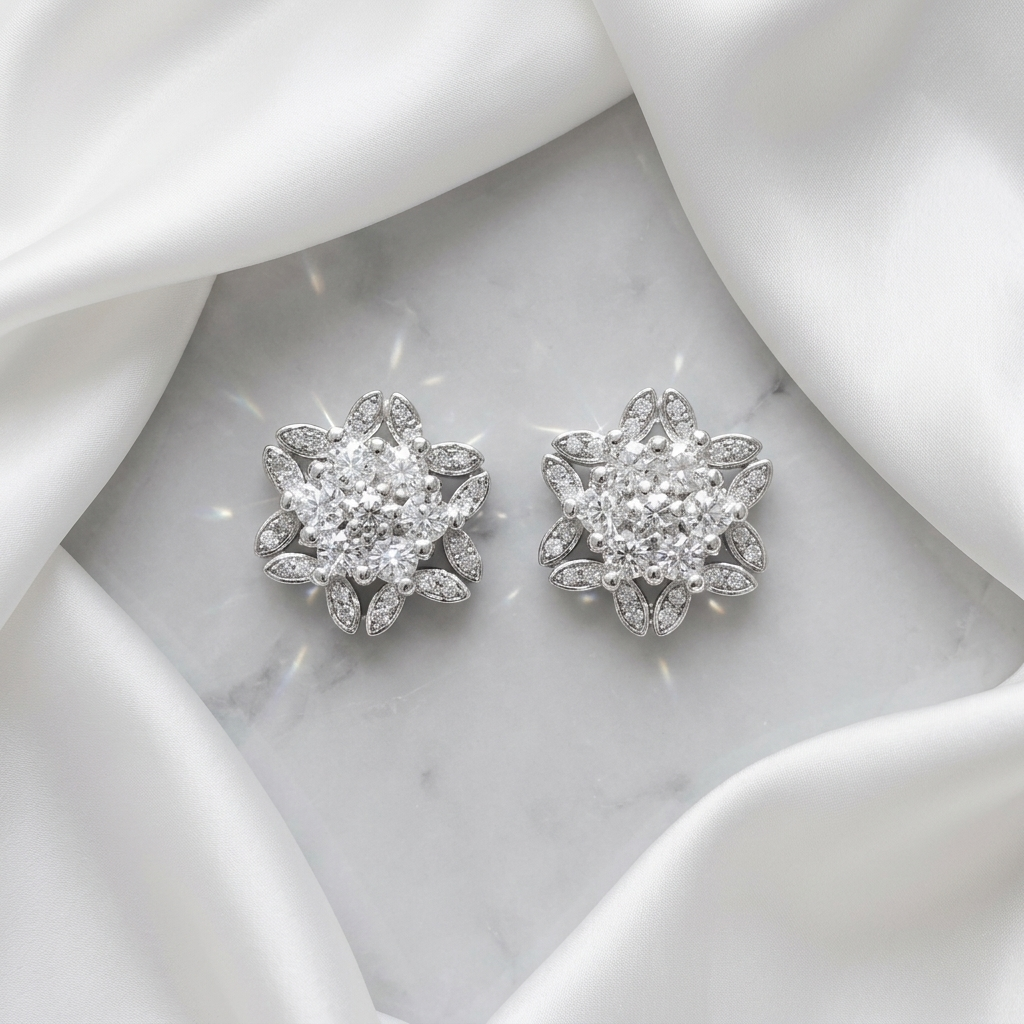 Snowflake Flower 925 silver stud earrings for women, daily wear, styled with soft light