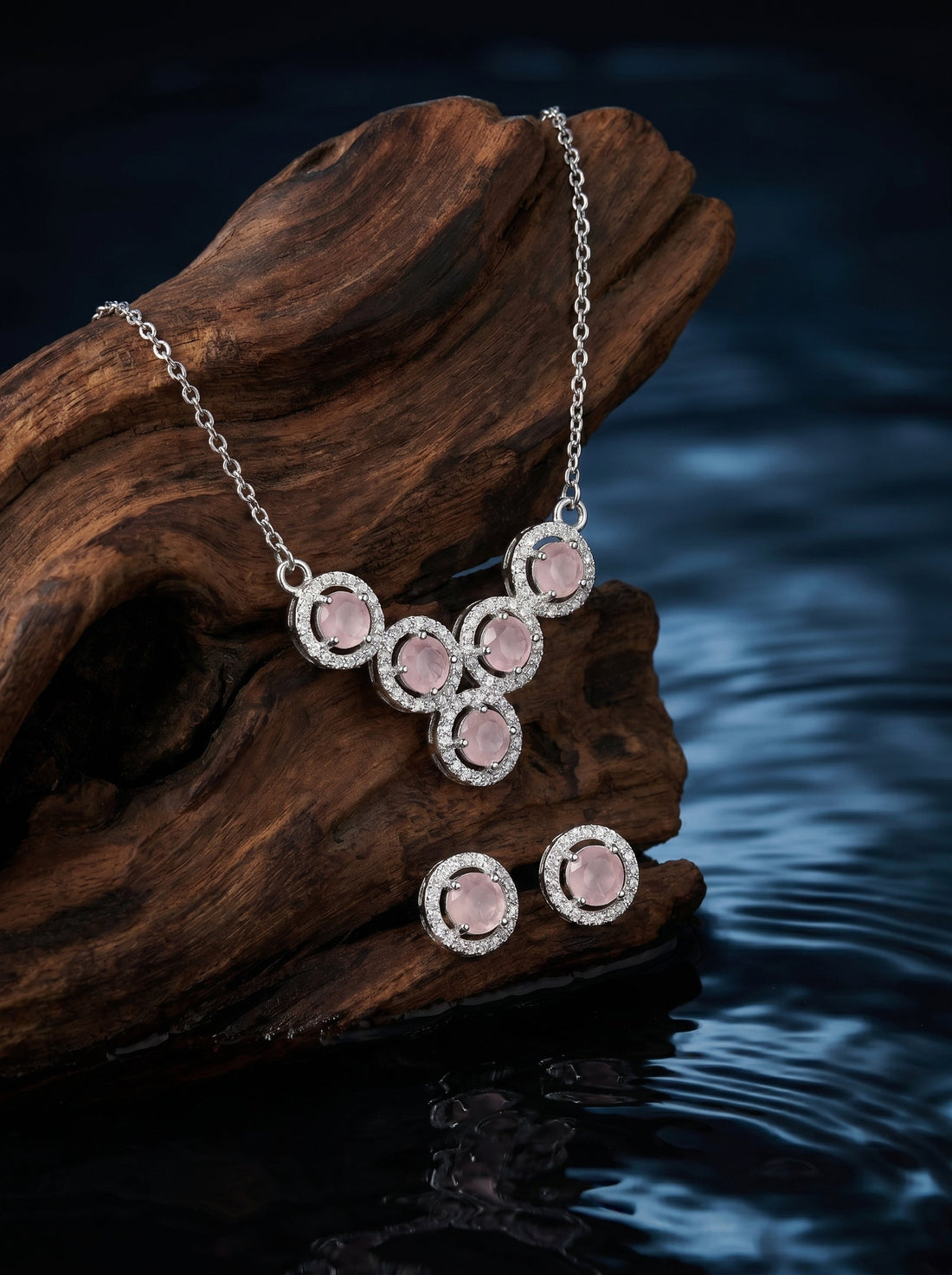 Pink Cluster 925 sterling silver pendant necklace and stud earrings jewellery set with pink cubic zirconia by Silvme â€” styled view