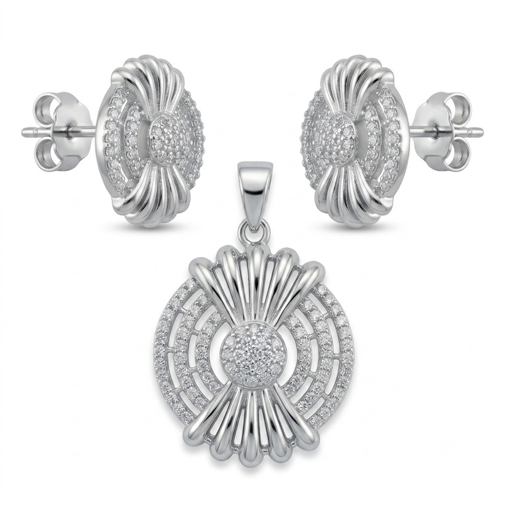 Silvme pure 925 sterling silver starburst medallion pendant and stud earrings set with cubic zirconia, front view on white background