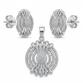 Silvme pure 925 sterling silver starburst medallion pendant and stud earrings set with cubic zirconia, front view on white background