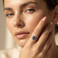Close-up of the bold blue evil eye on a split-shank band, Silvme 925 sterling silver blue evil eye ring for women
