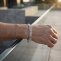Close-up of narrow rectangular links with a fine milled surface on the Silvme slim textured link bracelet