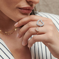 Silvme Heart Halo with cubic zirconia 925 sterling silver heart ring for women, two-tone rose gold and silver, geometric silver ring, cubic zirconia ring, stacking styling view