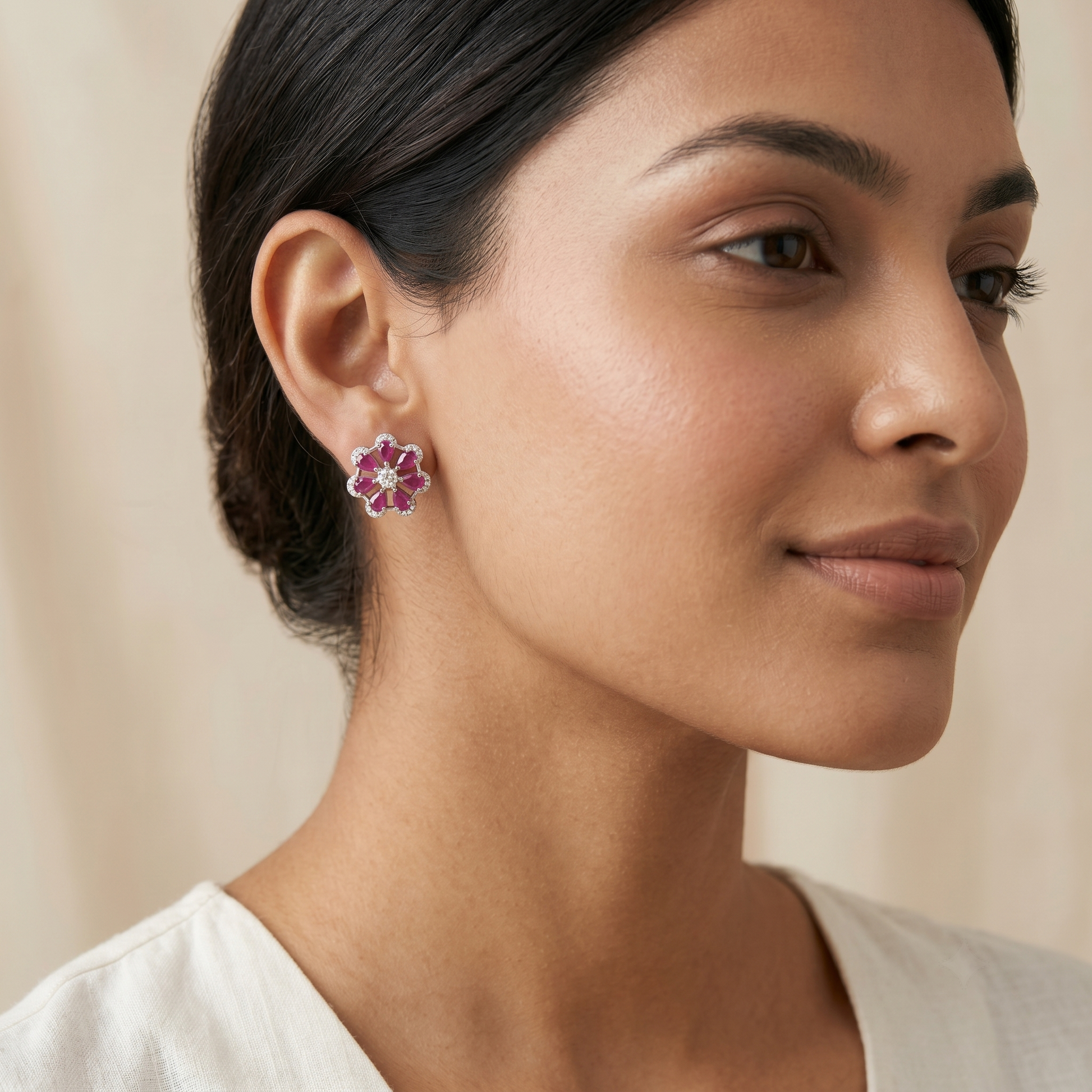 Pink-Centre Five-Petal Floral Stud Earrings, additional product view 4