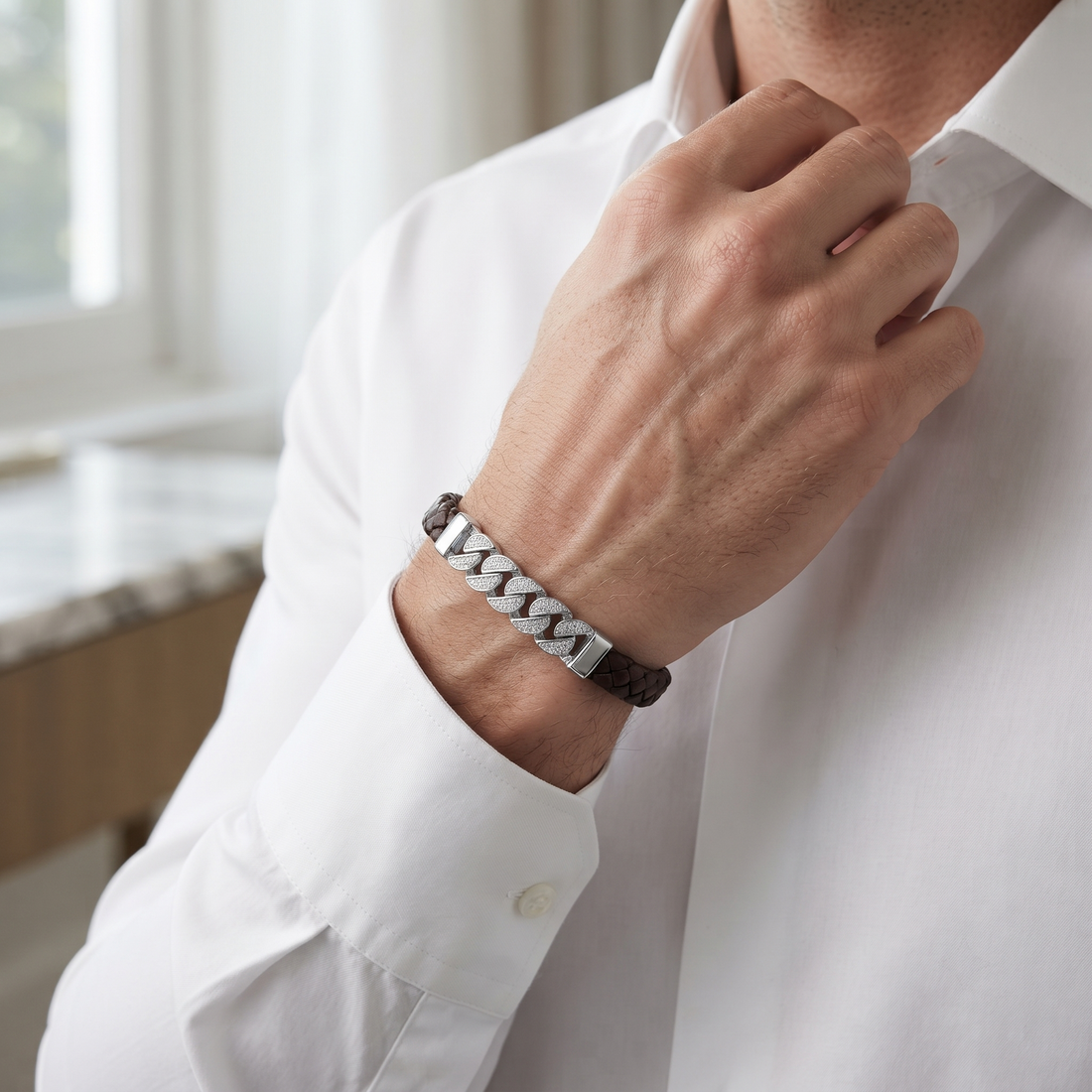 Silvme braided cord bracelet with pave bar for men laid flat on a white background