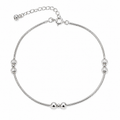 Silvme 925 sterling silver silver bead snake chain anklet with polished silver beads and a small fan charm, white background full view