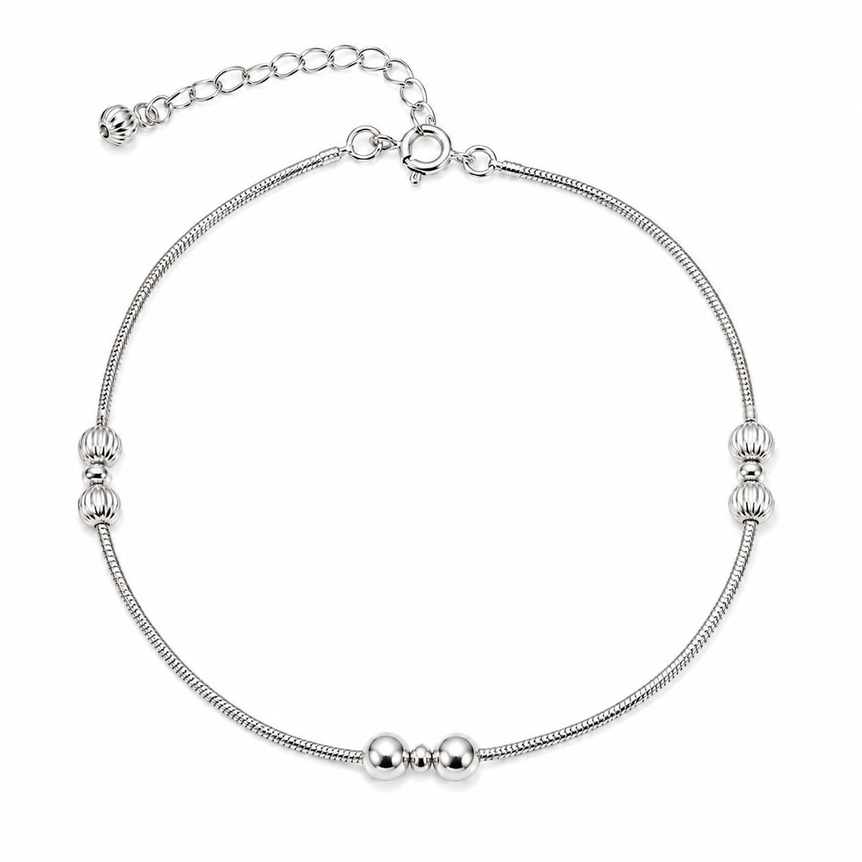 Silvme 925 sterling silver silver bead snake chain anklet with polished silver beads and a small fan charm, white background full view