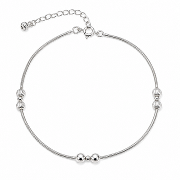 Silvme 925 sterling silver silver bead snake chain anklet with polished silver beads and a small fan charm, white background full view
