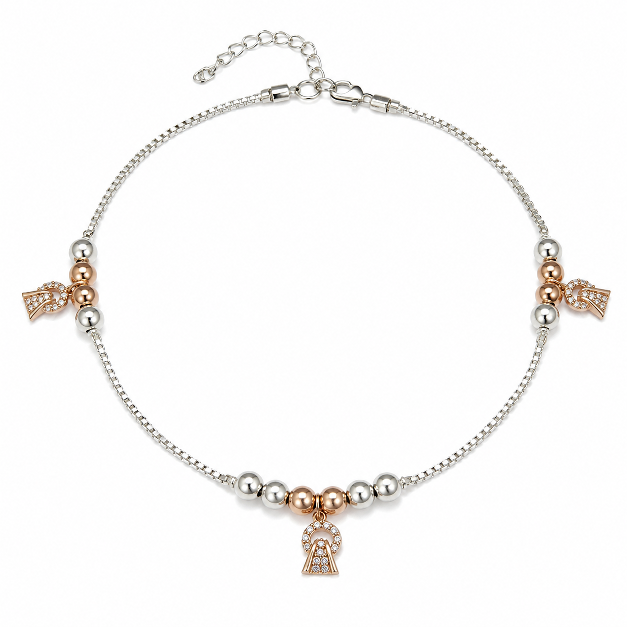 Silvme 925 sterling silver rose-gold CZ bell charm anklet with rose-gold fan CZ charms and a CZ pendant, white background full view
