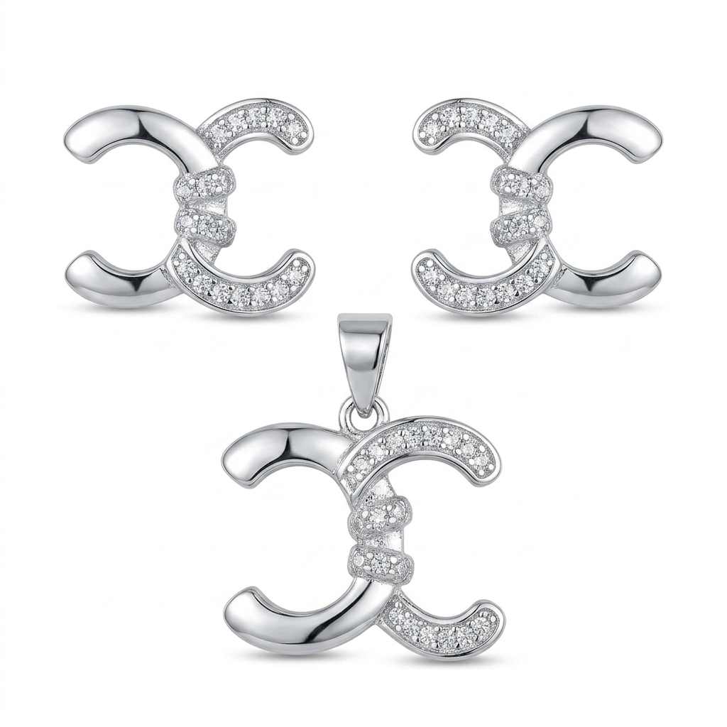 Silvme 925 sterling silver interlocking crescent pendant and stud earrings in pave cubic zirconia, white background