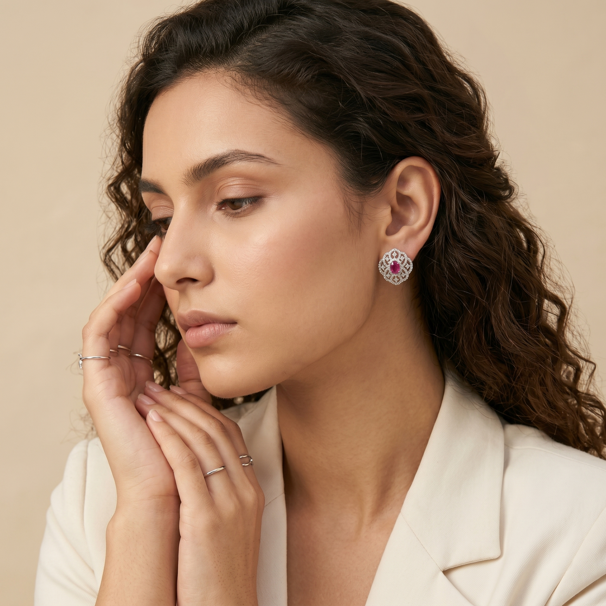 Pink Oval Filigree-Halo Stud Earrings, additional product view 5