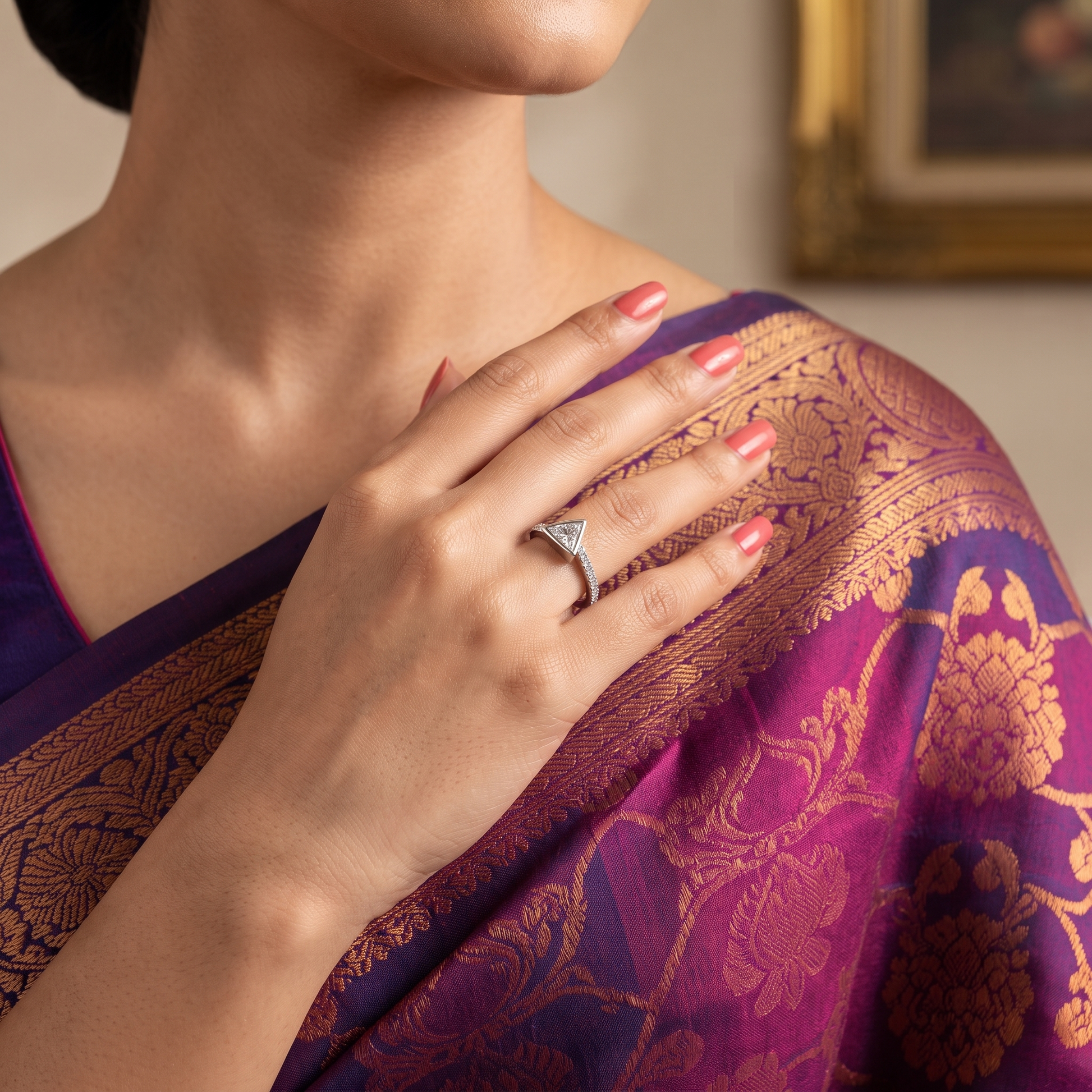 Silvme triangle stone pave silver ring for women worn stacked with plain silver bands on the hand