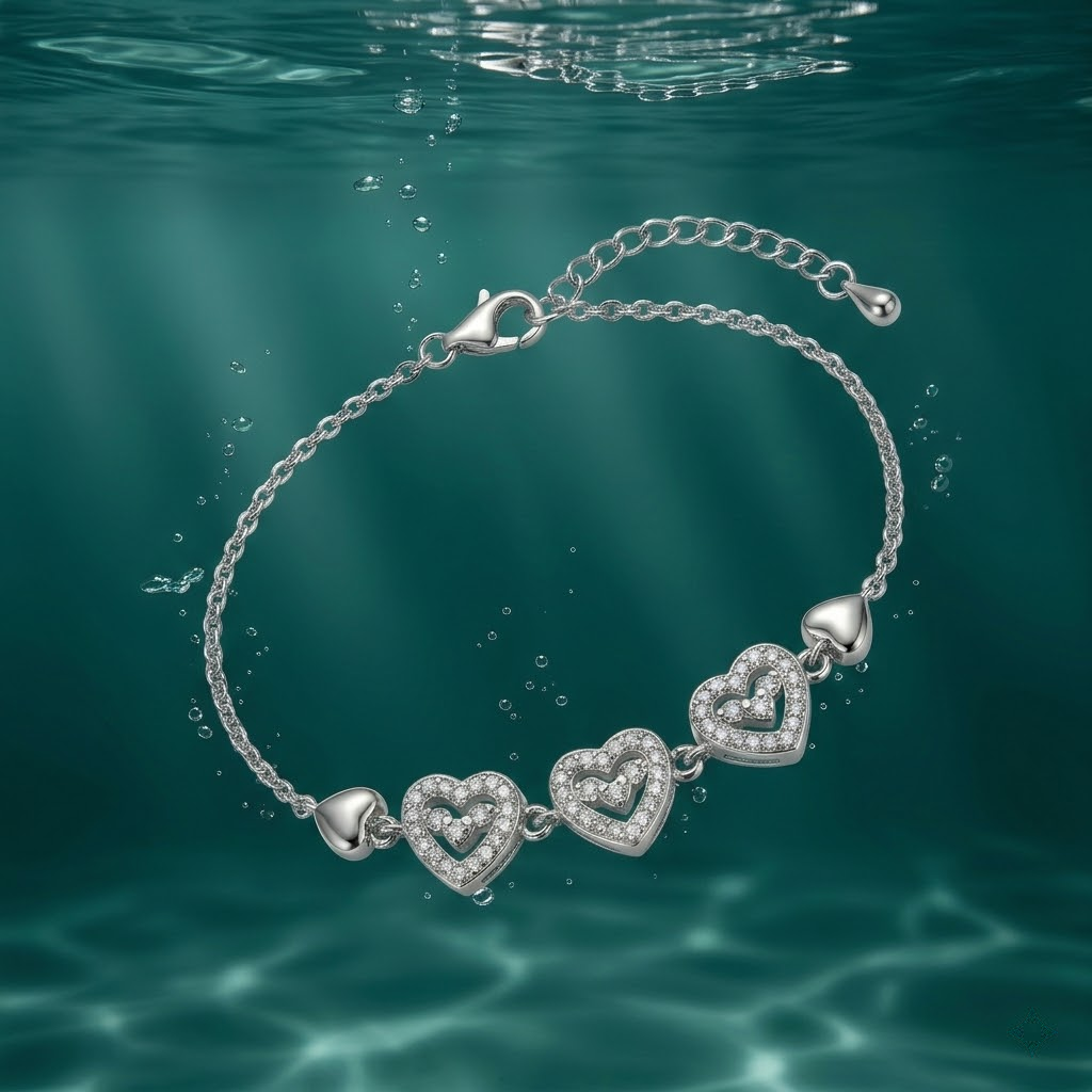 Silvme Triple Heart Pavé Charm Bracelet set with cubic zirconia, crafted in 925 sterling silver for women