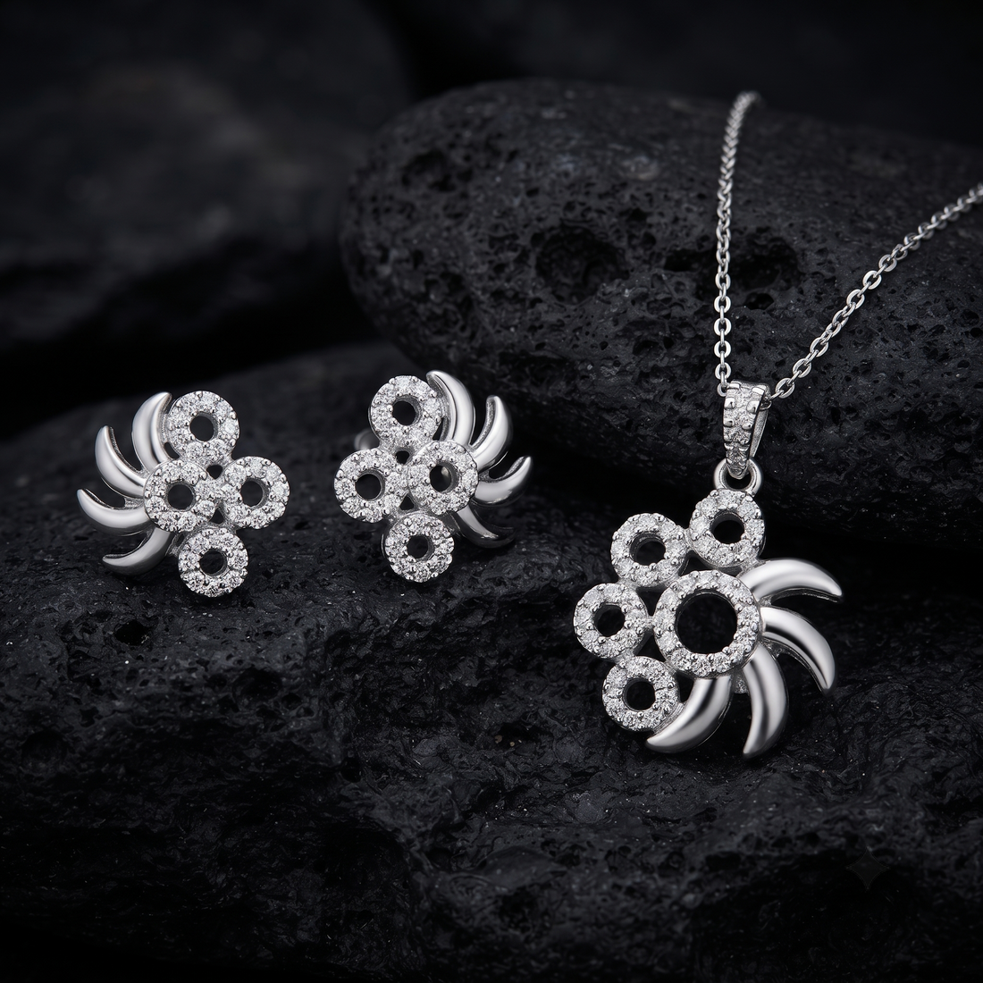 Silvme pure 925 sterling silver pinwheel pendant and stud earrings set with cubic zirconia, styled product image