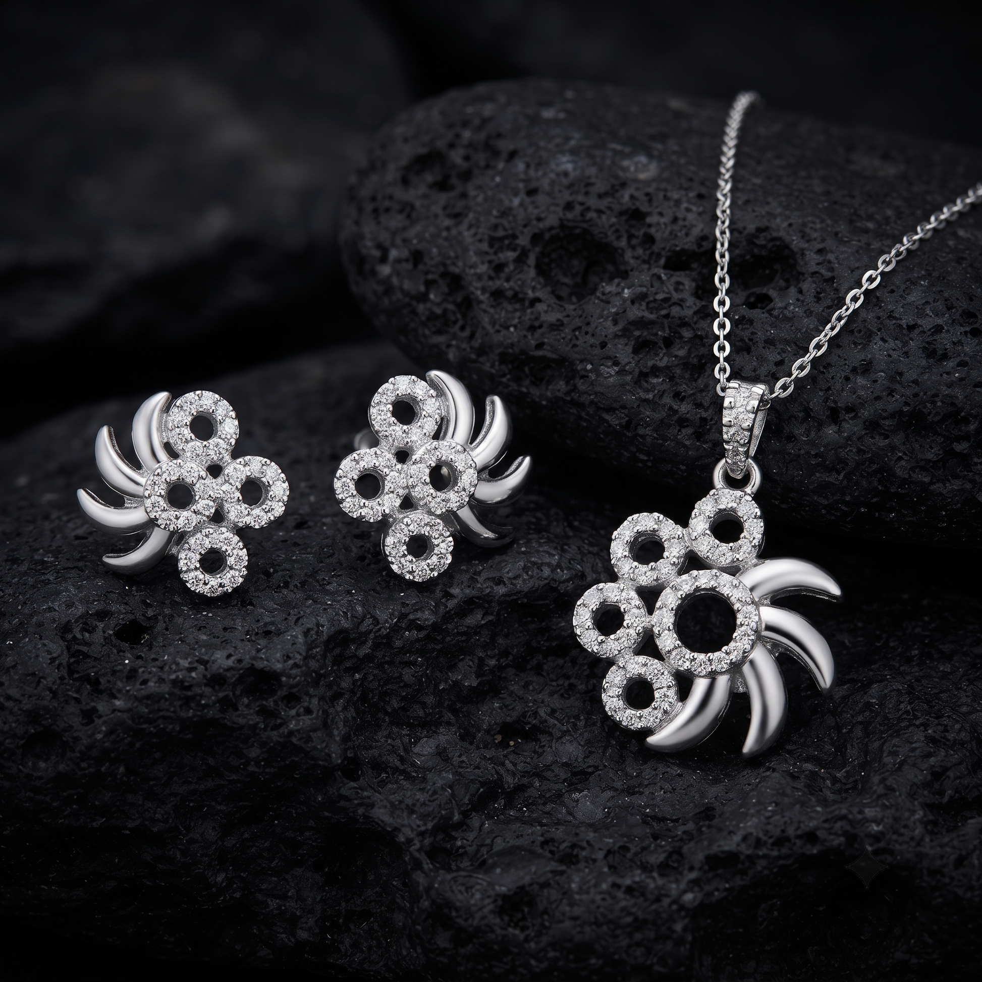 Silvme pure 925 sterling silver pinwheel pendant and stud earrings set with cubic zirconia, styled setting image